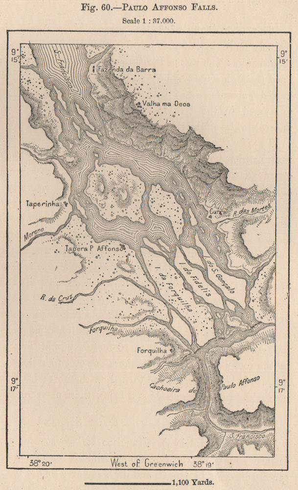 Cachoeira de Paulo Afonso falls. São Francisco River, Brazil 1885 old map